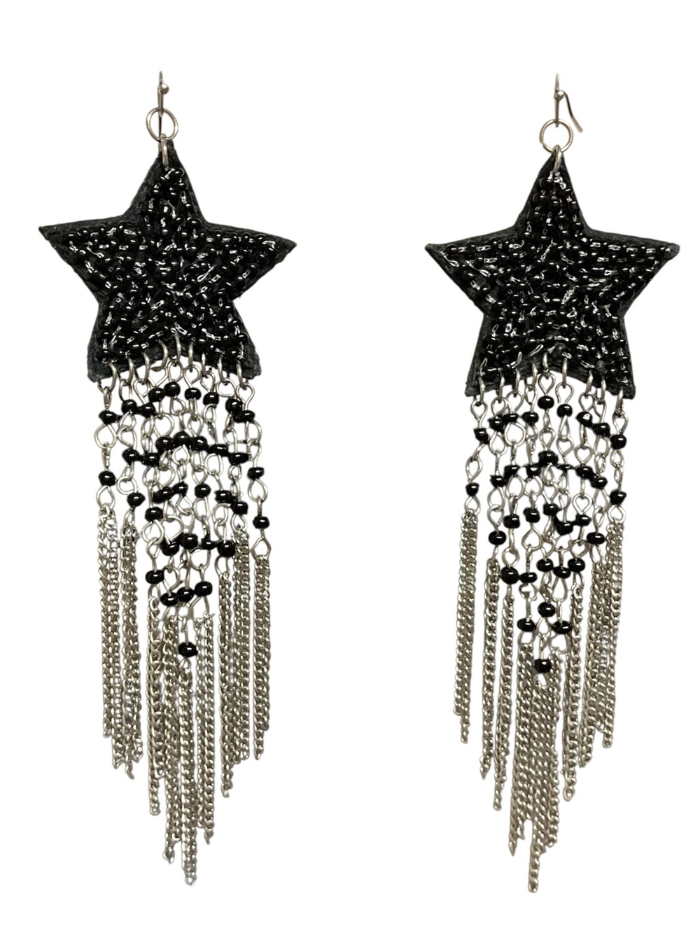 Goth Americana Long Star Fringe Earrings Black Beaded Western Rocker Statement